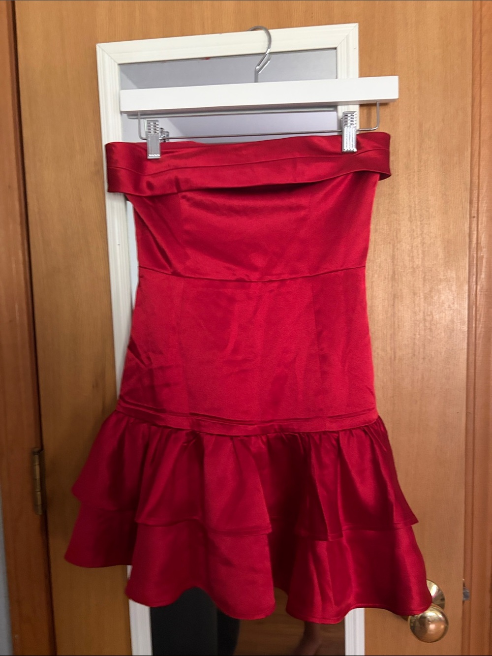 Hello Molly Strapless Red Satin Ruffle Hem Dress